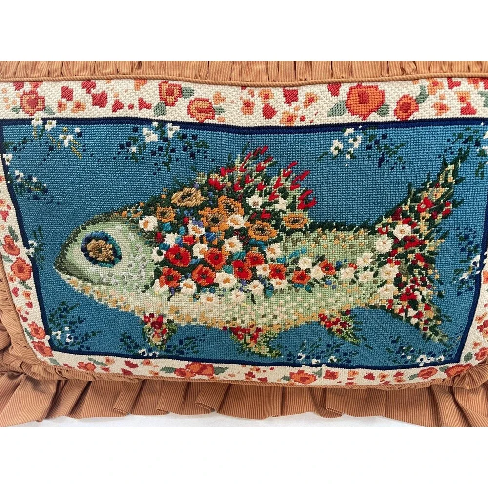 Vintage Custom Needlepoint Fish Lumbar Pillow 15